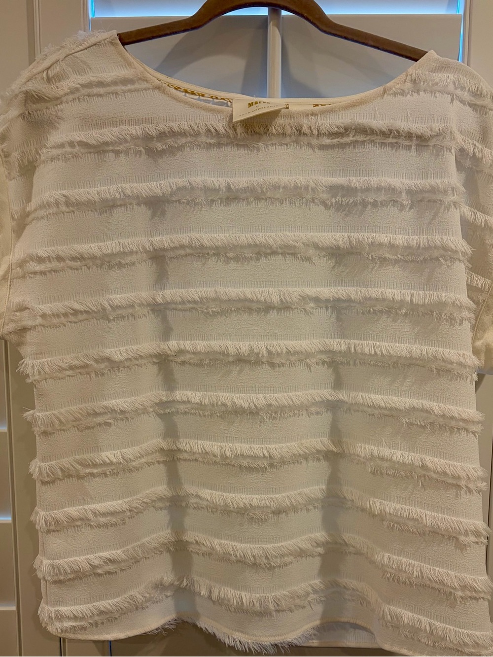 Anthropologie Maeve White Barton FringeTextured Short Sleeve Top Size 6⁠